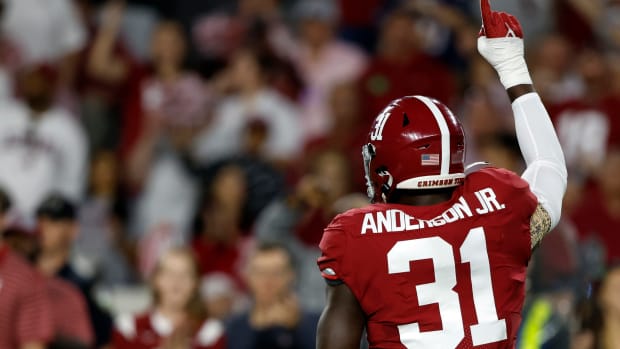 Alabama Crimson Tide linebacker Will Anderson Jr. (31) reacts after a sack against the Texas A&M Aggies during the first half at Bryant-Denny Stadium.